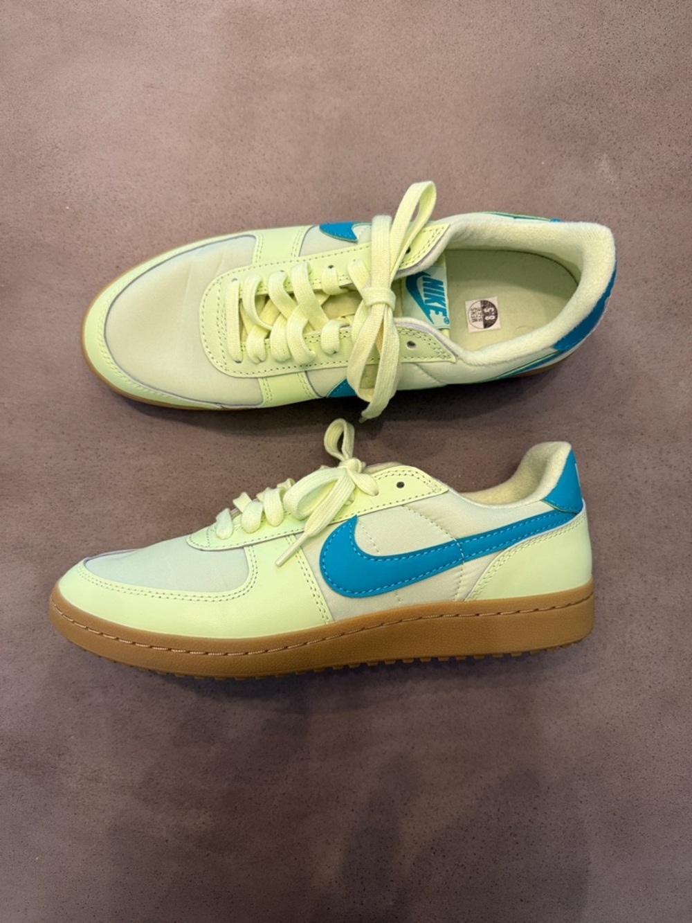 😎 Nike Men’s Sneakers - Light Green with Blue Swoosh and Gum Sole